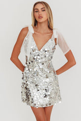 Mykonos Morning Tied Shoulder Sequin Mini Dress Silver