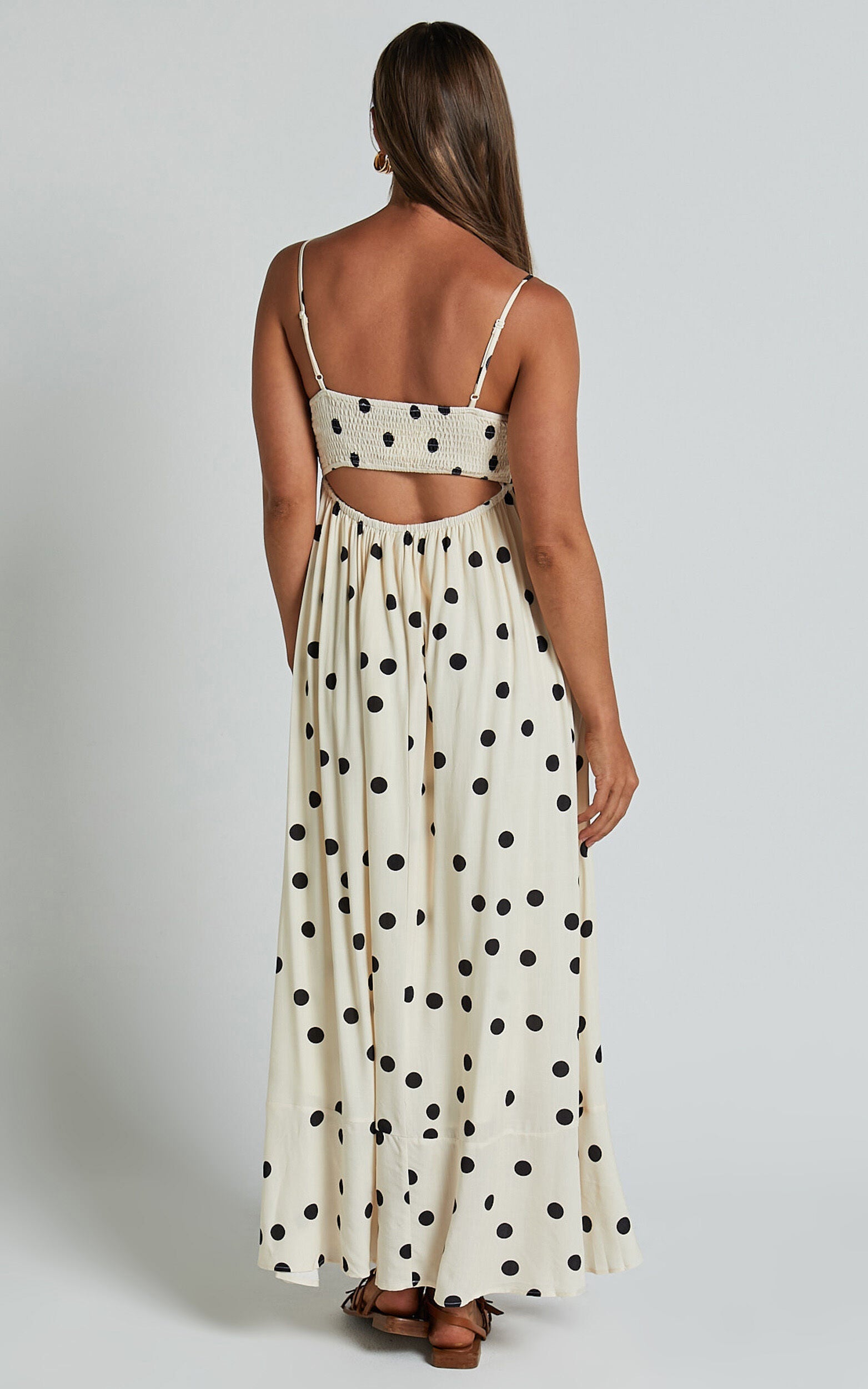 Miriam Midi Linen Dress - Strappy Straight Neck A Line Dress in Beige & Black Spot
